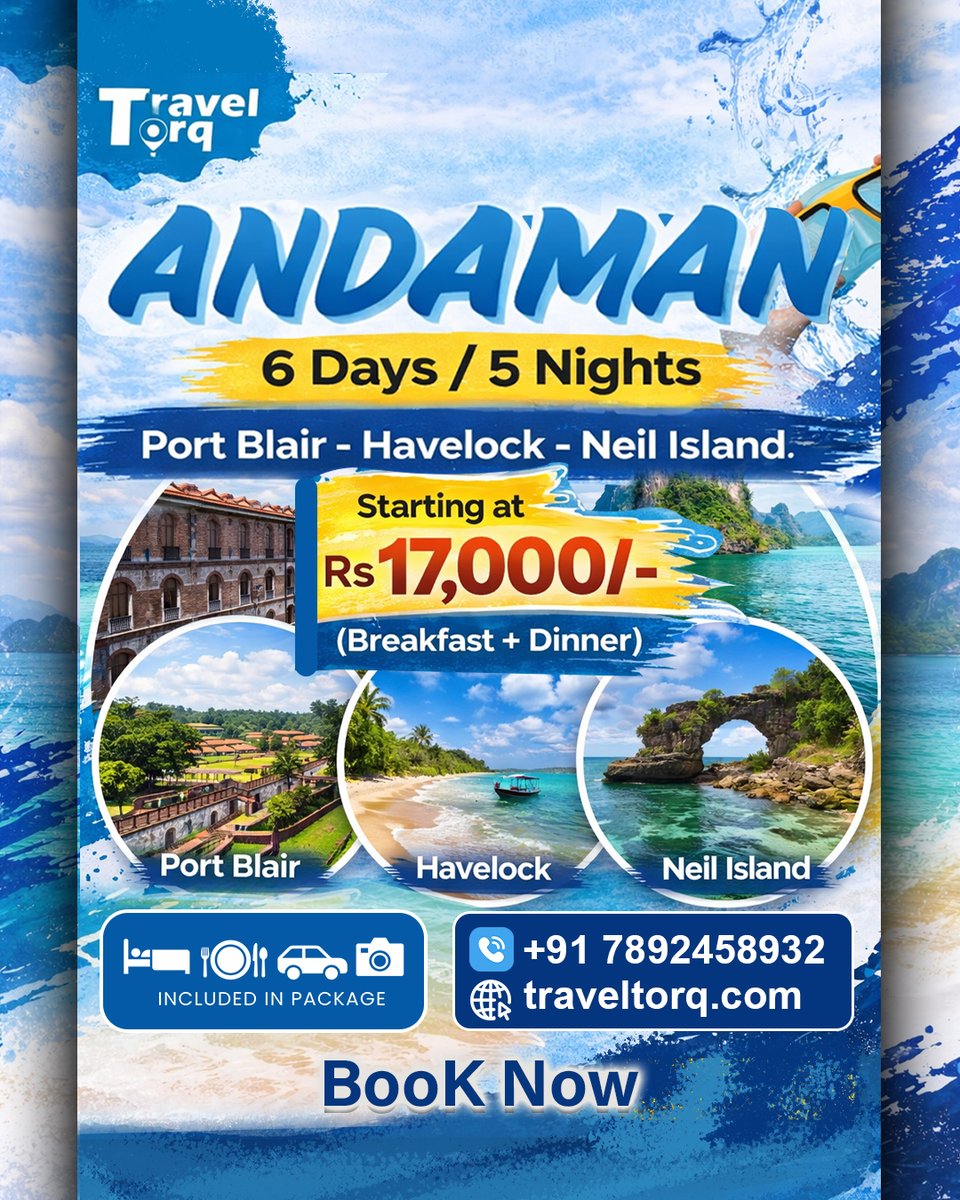 TravelTorq's tweet image. Discover the Magic of Andaman Islands ✨🌊
6 Days / 5 Nights Andaman Package 🏝️
📍 Port Blair – Havelock – Neil Island
💰 Starting at just ₹17,000/- per person
🍽️ Breakfast + Dinner Included

📞 Call Now: +91 7892458932
🌐 traveltorq.com

#AndamanTour #TravelTorq