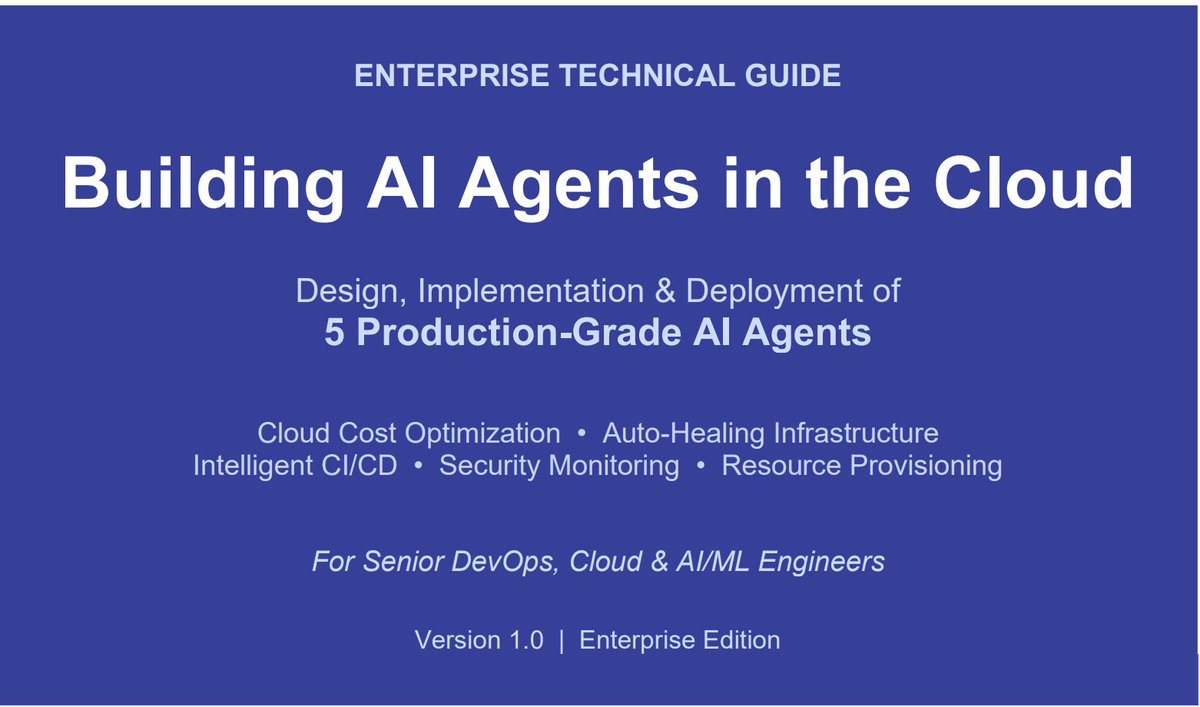 techyoutbe's tweet photo. 🚨 Most DevOps engineers are about to become obsolete…

Not because of AI.
But because they don’t know how to build AI agents.

I’ve been working on something BIG behind the scenes 👇

📘 Enterprise Guide: Building AI Agents in the Cloud

This is not theory.
This is real production-level engineering:

> Cost Optimization Agents saving $$$
> Auto-Healing Infra (no more 2AM alerts)
> Intelligent CI/CD pipelines
> Security Response Agents
> Smart Resource Scaling

Everything from architecture → code → deployment

Here’s the truth:
👉 AI Agents are the next evolution of DevOps
👉 Scripts → Automation → AI-driven systems

If you don’t learn this now…
you’ll be maintaining pipelines while others build self-managing systems

⚡ I’m planning to drop this guide for FREE

But only for those who actually care.

💬 Here’s the deal:
If this post gets strong engagement (Like, Repost & Comment),
I’ll unlock free access slots for the community (based on numbers).

👇 So do this right now: