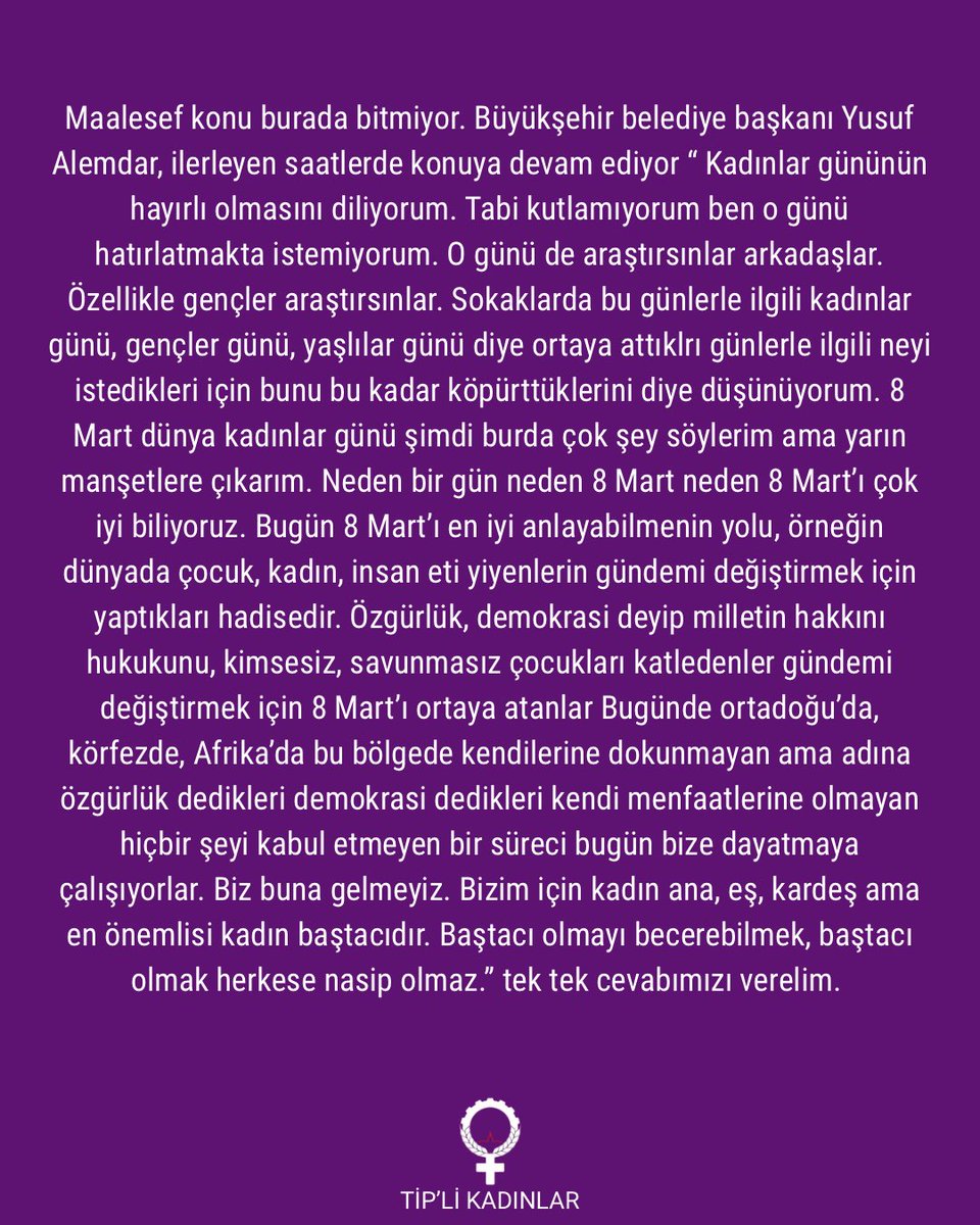 tipsakarya's tweet photo. Kadını tanımlama cüreti gösteren her söze karşı, kadının kendi sözüyle cevap veriyoruz. Sakarya Büyükşehir Belediye Meclisi’nde 8 Mart’a dair yapılan açıklamaları Sakarya TİP’li Kadınlar olarak kınıyoruz.
#tipsakarya #sakarya https://t.co/S5LxKFuDL8