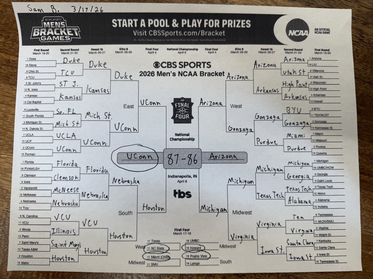 Just cooked up this March Madness bracket at work

0 research done

This is hitting btw <a href="/Kalshi/">Kalshi</a> bookmark this. I’m ready for that billion dollars