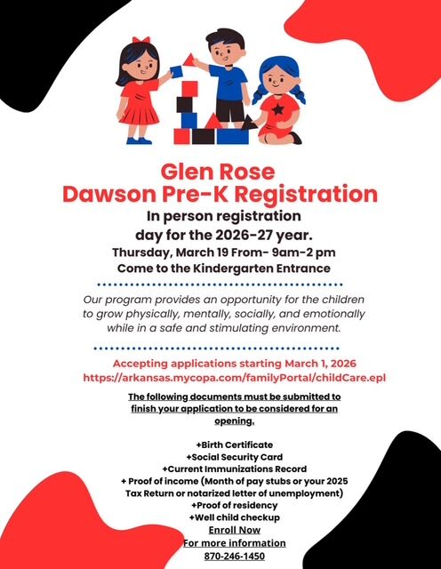 GlenRoseSD's tweet photo. Glen Rose Dawson Pre-K Registration https://t.co/X0kfvibUxY via @ParentSquare https://t.co/rHZMrWNkcc
