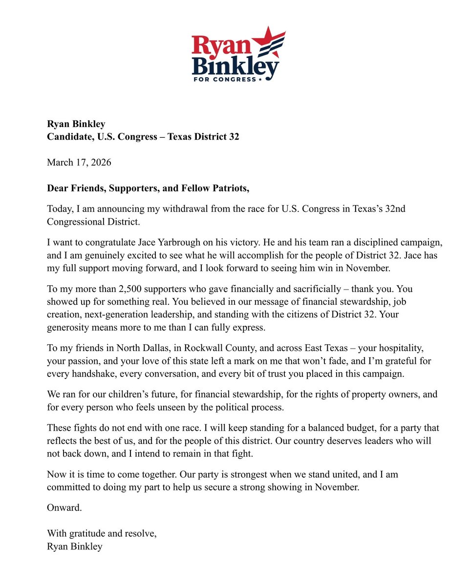 PollTracker2024's tweet photo. Former 2024 presidential candidate Ryan Binkley (R) drops out of runoff for US House #TX32
Jace Yarbrough is the de-facto Republican nominee for #TX32 https://t.co/jgxu9ZglMf