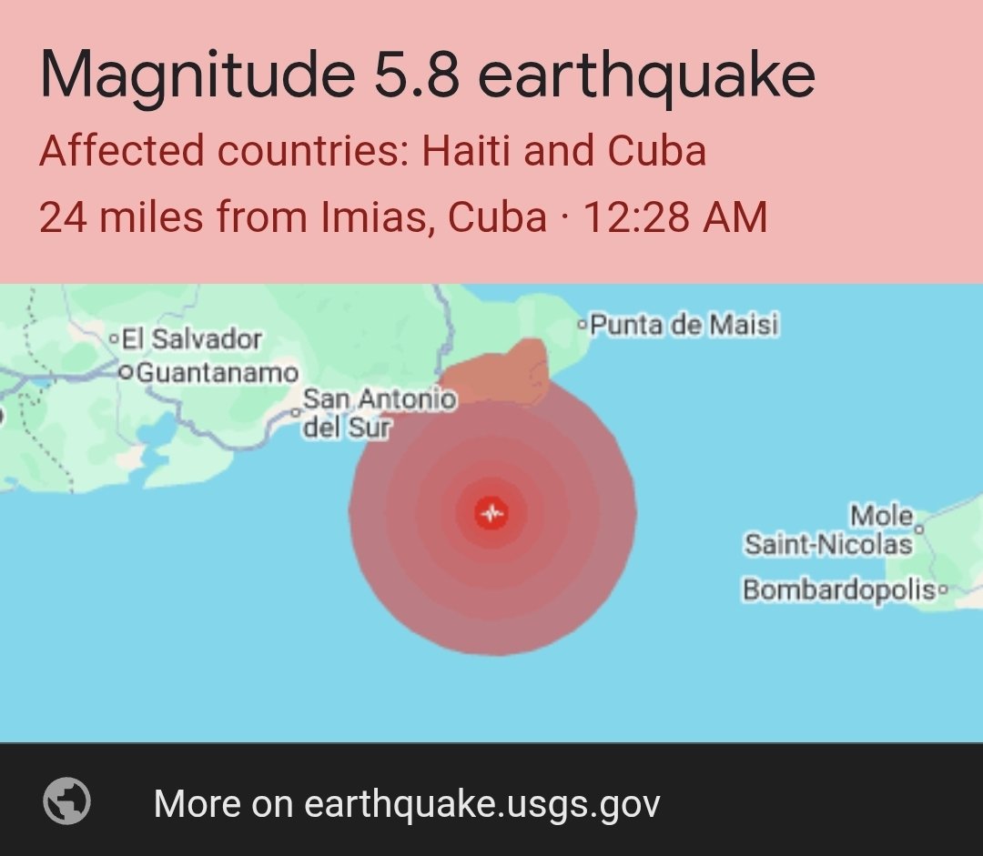 Gu_rebel's tweet photo. CUBA 🇨🇺 

Ainda sem recuperar toda distribuição de energia da ilha, Cuba foi atingida por um terremoto 5.8 na escala a 38 km de sua costa leste.

(via USGS) https://t.co/LiFaav099z
