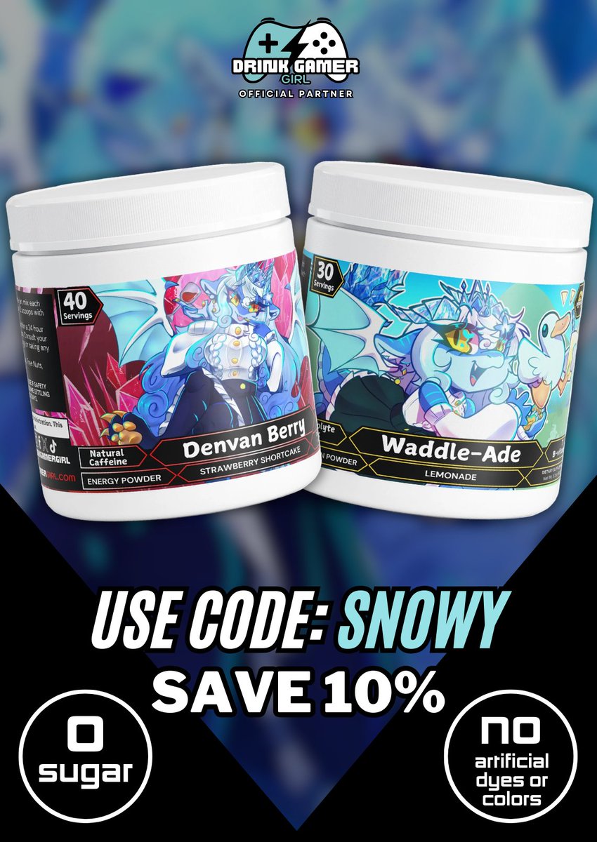 🥤BOOM.🥤

I'm officially partnered with <a href="/DrinkGamerGirl/">Drink Gamer Girl</a>!!!🩷
Give your water the joy of extra flavouring with...
- Waddle-Ade (Lemonade)🍋
- Denvan Berry (Strawberry Shortcake)🍓
- Flufftail (Cotton Candy)🍬

Enter code SNOWY for 10% off! 
drinkgamergirl.com/collections/sn…