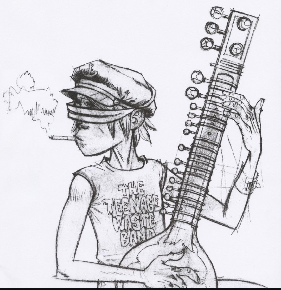 RhinestoneDemi's tweet photo. I love te sketch of 2D playing a sitar even more now, because the sitar can be heard in most of the songs on The Mountain, played by Anoushka Shankar ⛰️ https://t.co/65uBYhnzAS