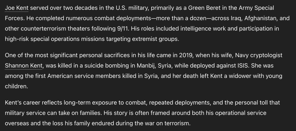 <a href="/Sadie_NC/">Sadie</a> Just a reminder that the guy the Trump Administation will attempt to denigrate spent TWO DECADES serving his country with over a DOZEN COMBAT DEPLOYMENTS to the Middle East.

In addition his wife was killed by a suicide bomber in 2019 while also serving her country.