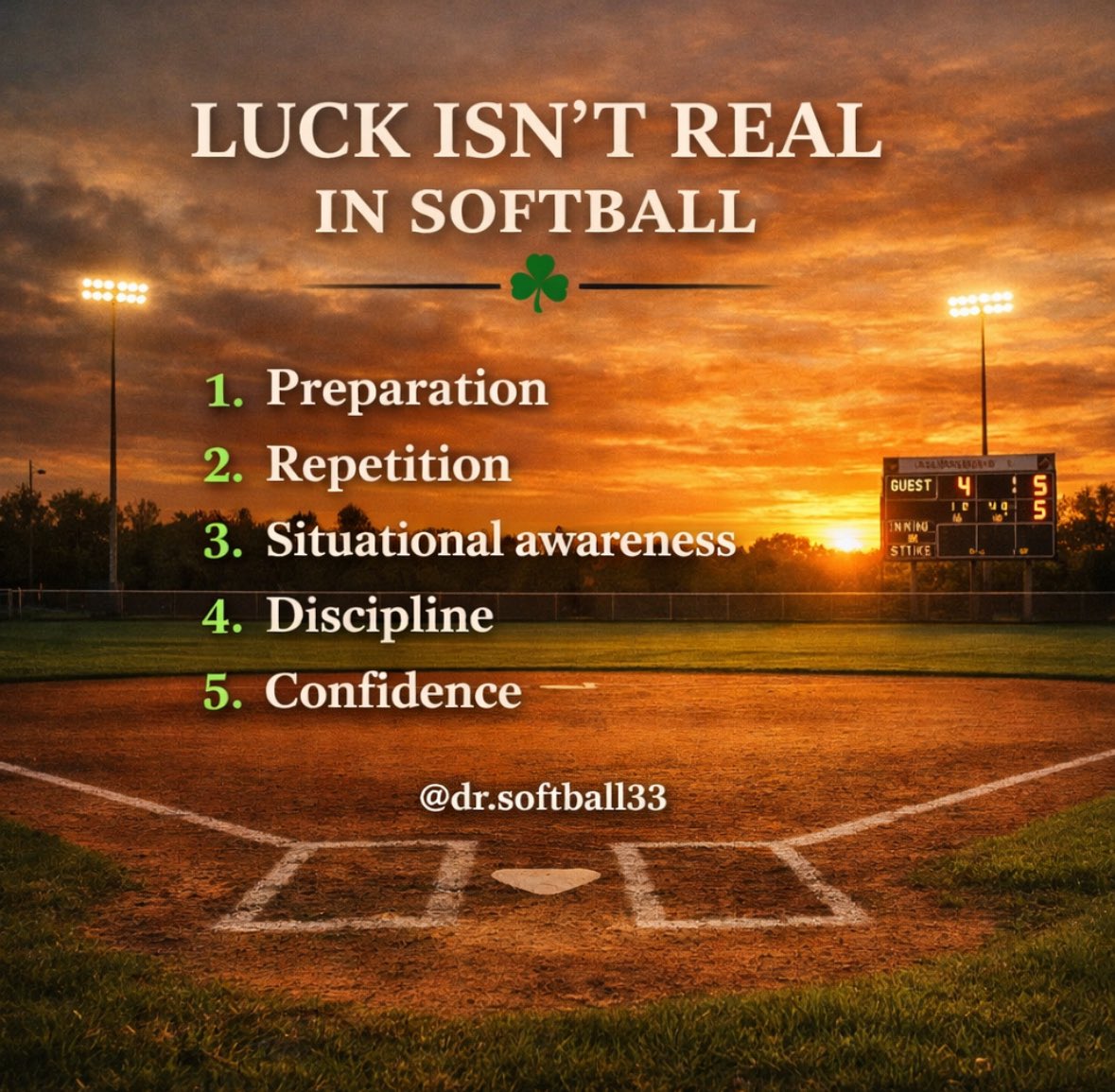 DSoftball33's tweet image. Everyone loves to talk about luck.

In softball, it usually looks like preparation.

The players who seem “lucky”
are usually the ones who did the work first.

Happy St. Patrick’s Day.

#SoftballMindset #EarnYourSpot #MentalGame #SoftballTraining #StPatricksDay