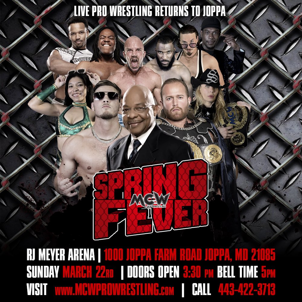 #MCWProWrestling returns to The RJ Meyer Arena in Joppa, #Maryland THIS SUNDAY (March 22nd) for #MCWSpring Fever ‘26: CAGED FURY ⛓️ Meet #WWE Hall Of Famer <a href="/TeddyPlayaLong/">Teddy Long</a> as well as ALL your favorite #MCW 🌟 Also, see a HUGE Steel Cage Main Event as <a href="/Mike_Walker_30/">“Miami” Mike Walker</a> challenges