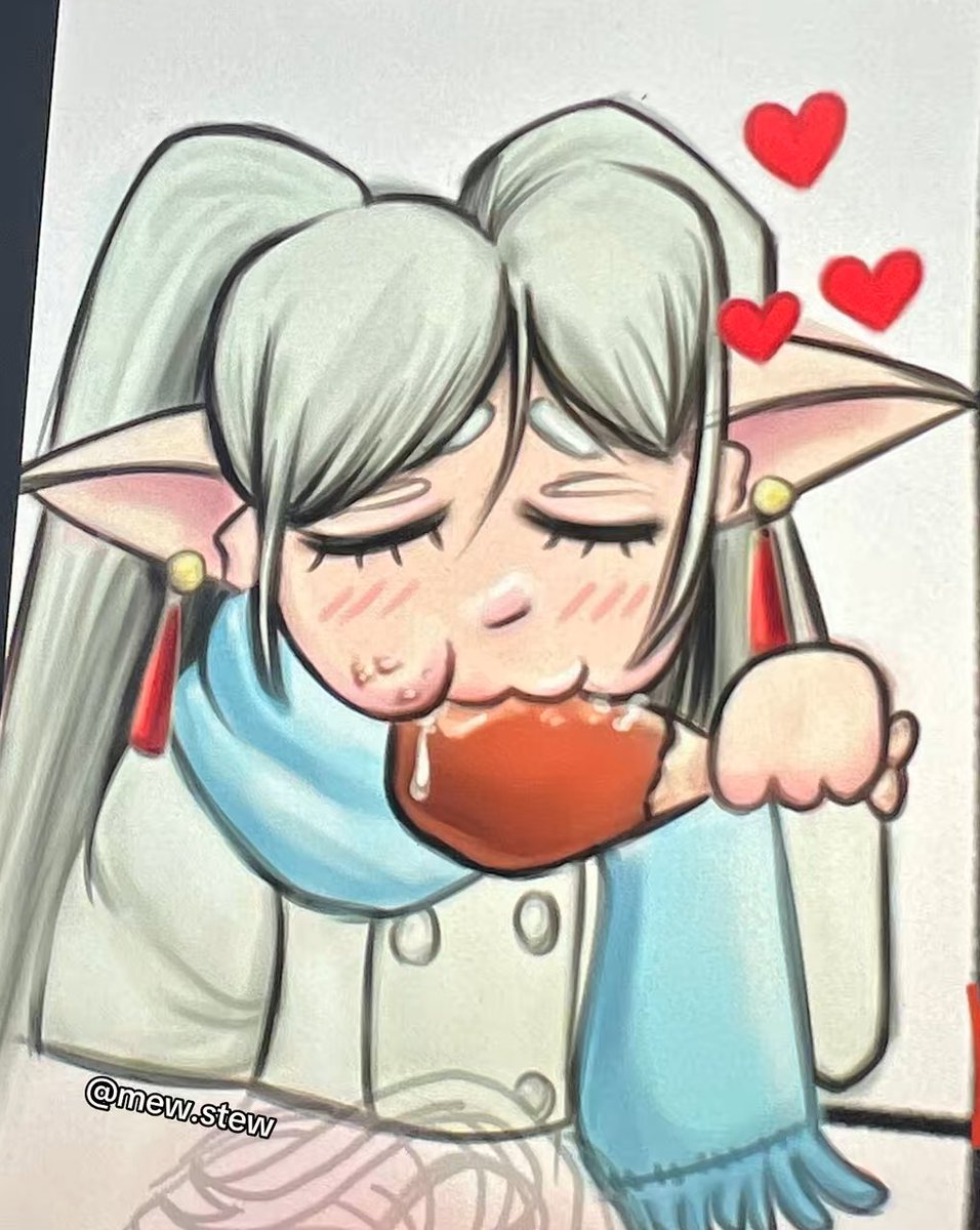 nnoir__'s tweet photo. ⭐️ frieren eating 🍗💓⭐️

latest thing I made recently. this will be an emote for subs on twitch!! I’ll also be adding emotes as a commission option :3 

#frieren #frierenfanart #fanart #art #drawing #emotes #commissions https://t.co/2jk76Z4wi6