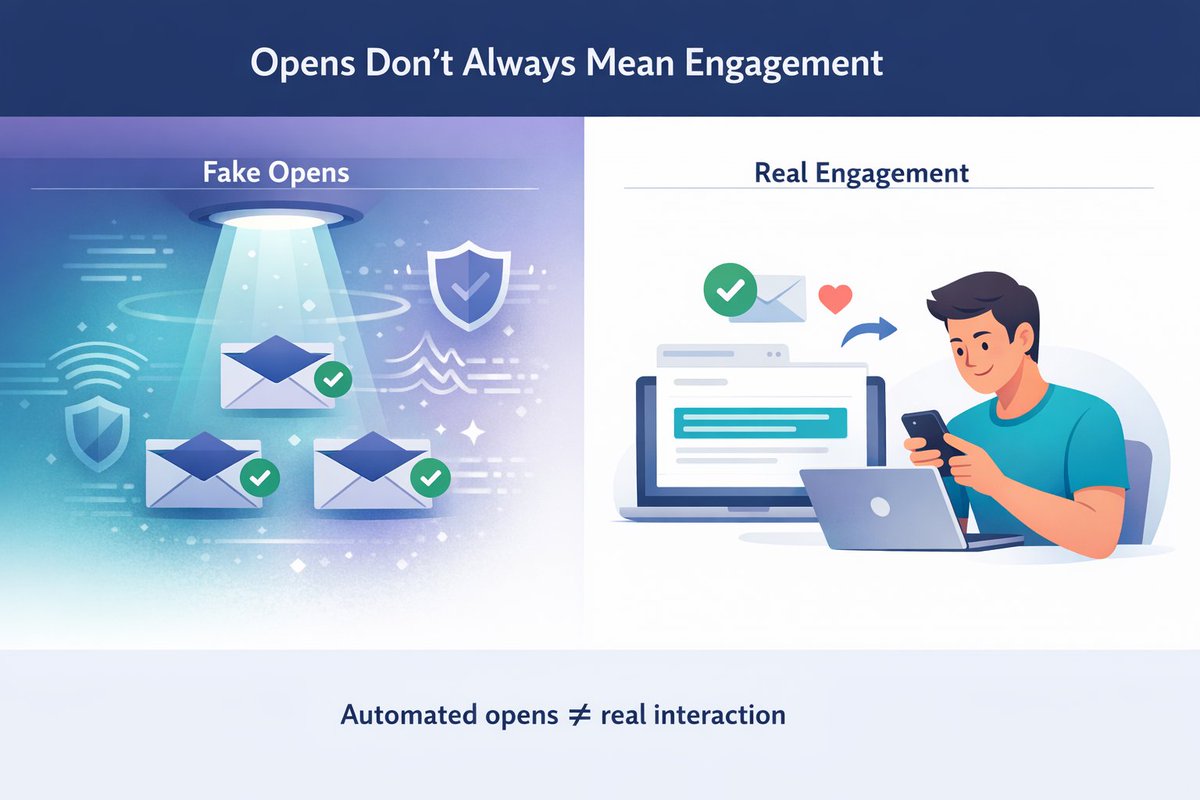 EmailConsul's tweet photo. High open rates ≠ good deliverability.
Mailbox providers can “open” emails during pre-screening.
Inbox? Yes.
Real engagement? Not necessarily.
Clicks, replies, behavior — that’s what matters.
Read more https://t.co/VK1lH7DaQz https://t.co/6hmUHZWY2a
