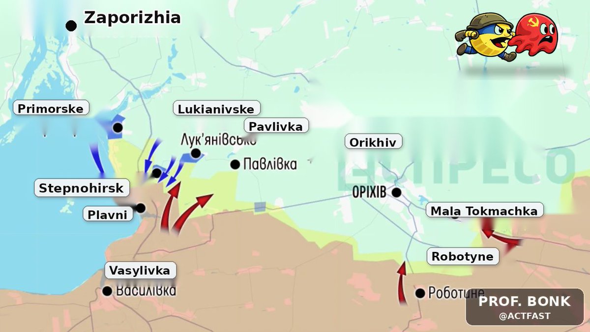 Russia’s 🇷🇺 Western Zaporizhia offensive finally found a breakthrough: the road home.

30,000 Russians were sent toward Zaporizhia City.

They got smashed, turned back by Ukraine 🇺🇦, and are now gloriously advancing toward their own rear.