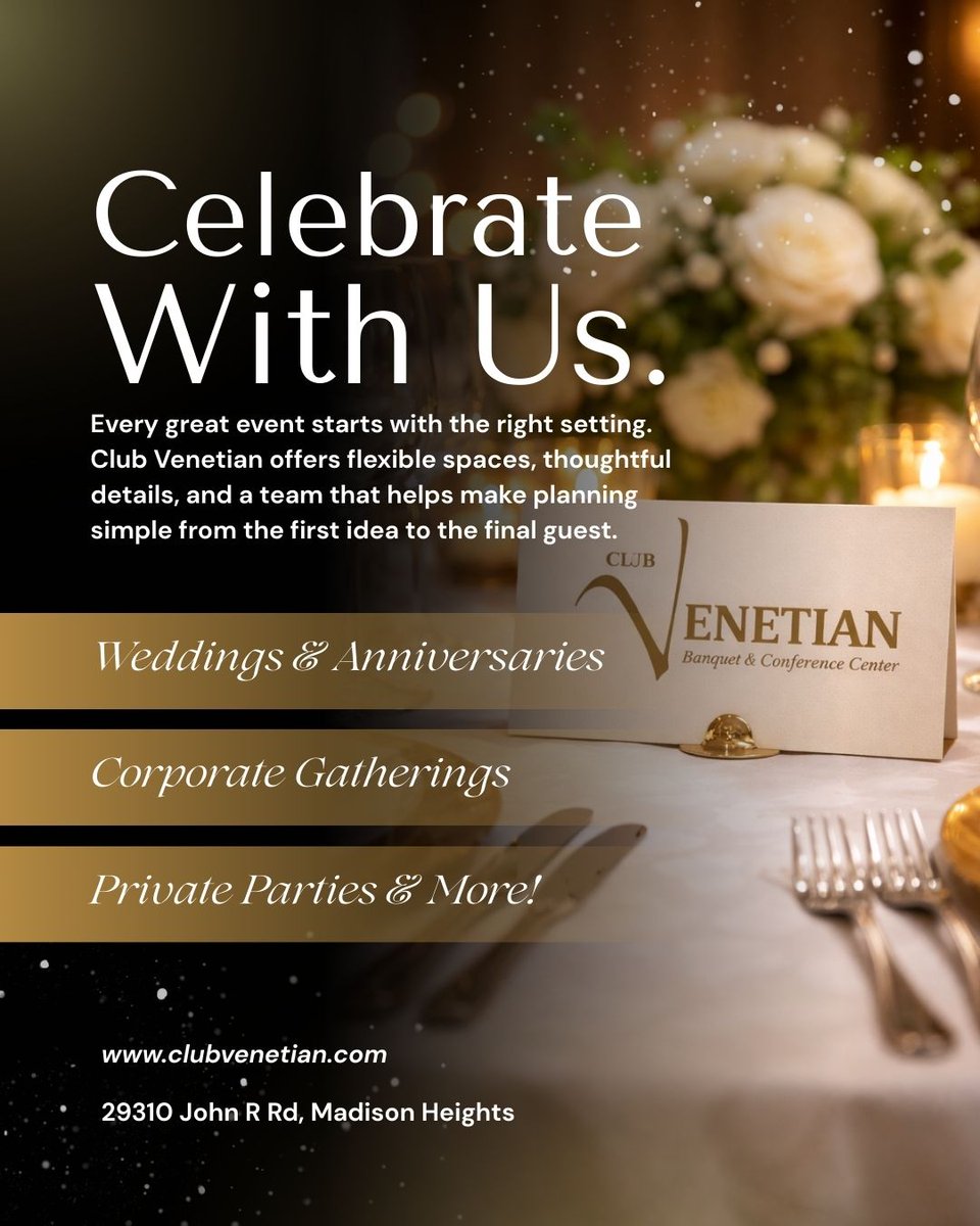ClubVenetian's tweet photo. Every great event starts with the right space.
From weddings to corporate gatherings, we bring your vision to life with ease.
Let’s make your next event effortless and unforgettable.

📅 Book your date today
🌐 https://t.co/zvUJ6kNvvv

#EventPlanning #DetroitWeddings https://t.co/NRgpUYZB8c