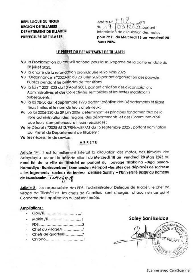 aboubacarybarma's tweet photo. #Niger #Insécurité
#Tillabéri: Arrêté portant #interdiction pour une période de 72h,du mercredi 18 au vendredi 20 mars 2026,de la #circulation des #motos et #tricycles (#adeydayta) dans certaines zones et localités du département de #Tillaberi. (#Préfet) https://t.co/5IVAq1pfoU