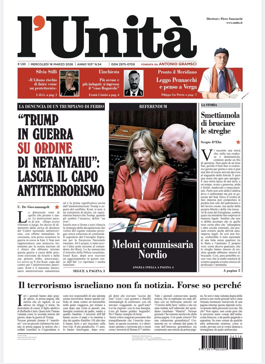 unitaonline's tweet image. 📰 La prima pagina dell’#Unità del #18marzo

Abbonati subito: bit.ly/ABBONATI-SUBITO