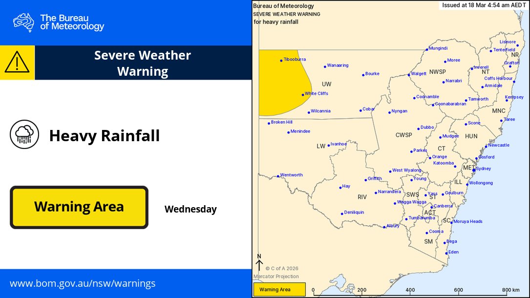 BOM_NSW's tweet photo. ⚠️🌧️Severe Weather Warning for heavy #rainfall about the #UpperWestern.

May affect #Tibooburra, #WhiteCliffs, #FowlersGap, #Milparinka.

https://t.co/L0afeZoedo https://t.co/yRleAVeiSX