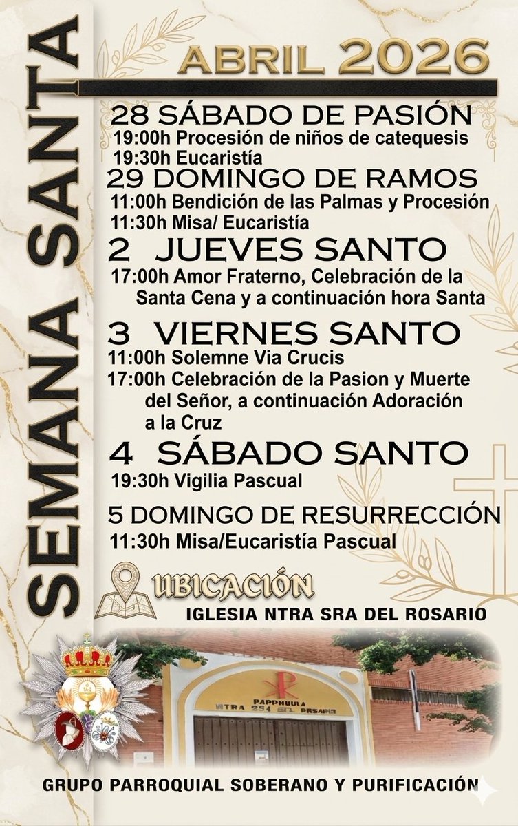 Gpsoberano_'s tweet photo. Os dejamos las programación de nuestras dos sede Canónica 
- Parroquia Cristo Rey 
- Iglesia de Ntra Sra del Rosario 
En el barrio de la Sagrada Familia, distrito ciudad jardín, Málaga 
#CofradíasMLG #Semanasantamalaga #ciudadjardinmalaga https://t.co/EB1wy1NL8R