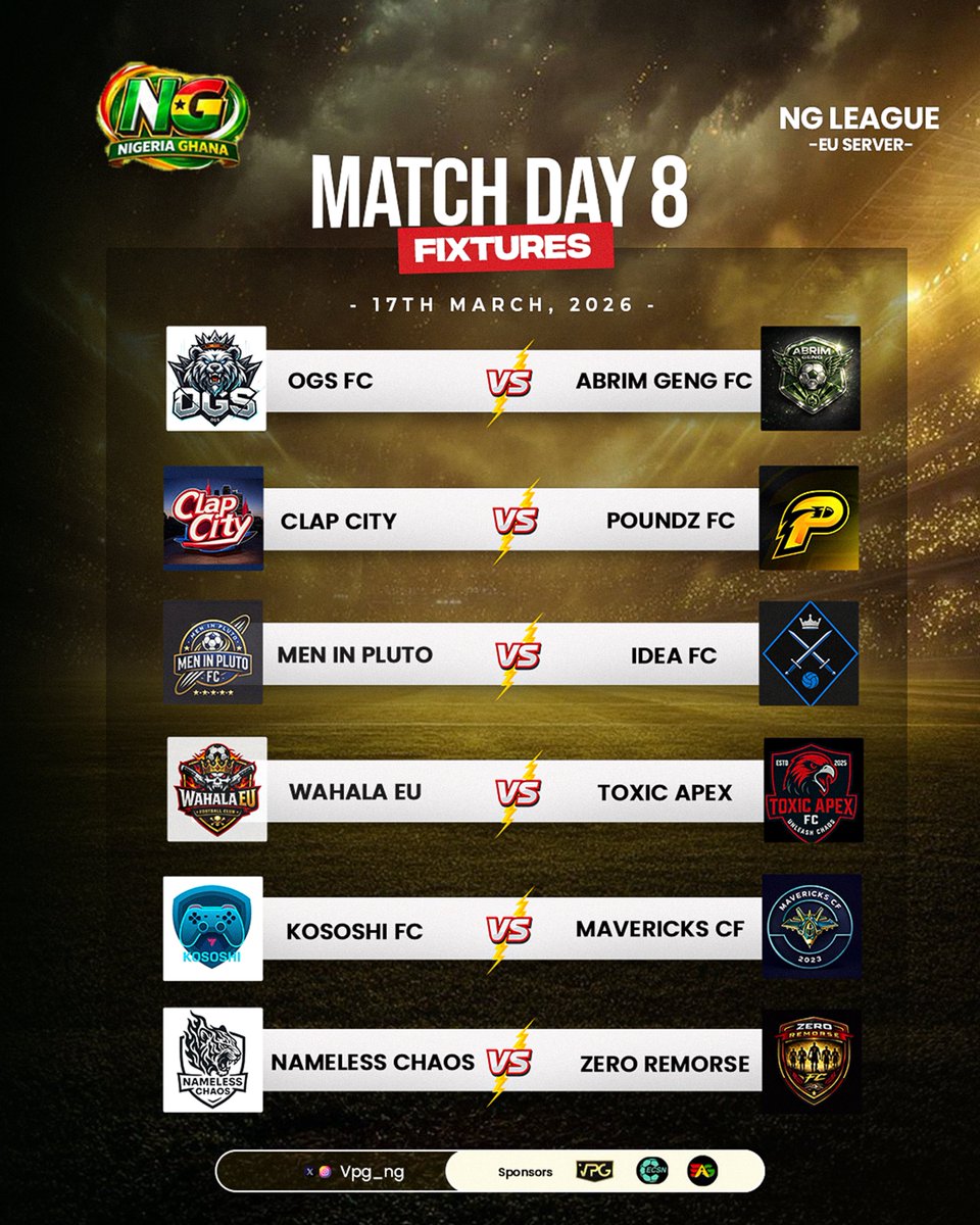 Ghanaproclubs's tweet photo. MATCH DAY 8 โฝ
Another decisive round in the NG Europe Server League.
Teams continue their push for dominance as the competition intensifies.
Here are the Match Day 8 fixtures ๐
#MatchDay8 #NGEuropeLeague #Competition https://t.co/FqRlhfrzGA