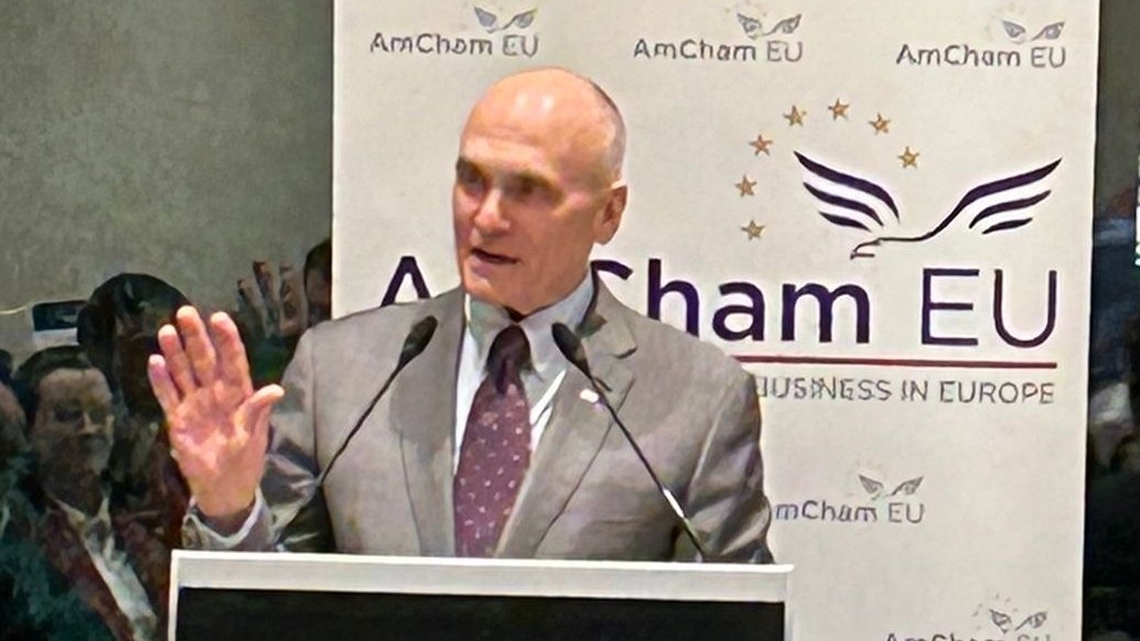 USAmbEU's tweet photo. I want to thank @AmChamEU for organizing this wonderful event.

Over six and a half months have passed since the Joint Statement was released and about 8 months since the meeting at Turnberry. The United States quickly responded, bringing tariffs to historically low most-favored nation rates –on planes and plane parts and on generic pharmaceuticals, among other sectors.  To demonstrate our good faith, particularly for our friends in Germany, we brought tariffs on cars down from 27.5 percent to 15 percent.

Nonetheless, EU tariffs on US goods haven’t changed.
We understand that the EU must follow its process. But we’re hopeful that, after 6 and a half months, the time has come – and we’ve respectfully requested that – the EU finalize the deal so we can mutually unlock the potential for positive collaboration – for the betterment of our economies and our joint security.