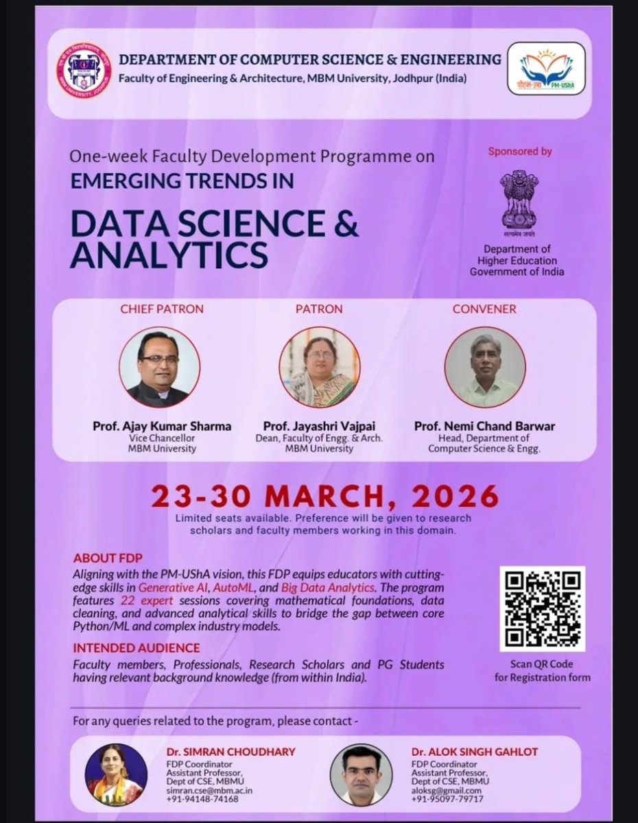 Official poster release of upcoming Faculty Development Programme on "Emerging Trends in Data Science and Data Analytics" by the VC Sir.
Organized by the Dept of Computer Science &amp; Engg, from 23rd to 30th March 2026 and is sponsored by the Govt of India under PM-USHA. 🇮🇳