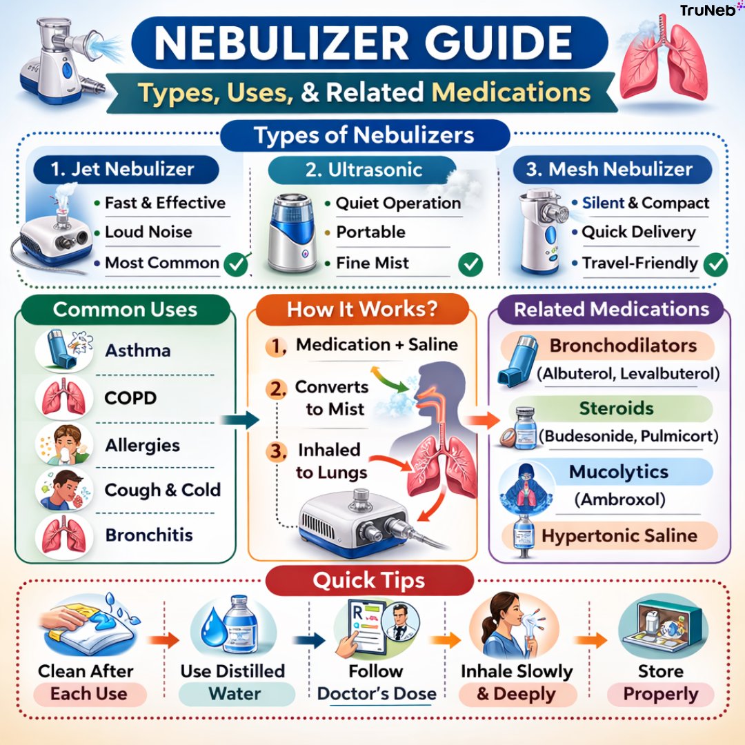 💨 Nebulizer Guide at a glance:

⚙️ Jet = common + powerful
🔇 Ultrasonic = quiet + portable
🧳 Mesh = compact + travel-friendly

Nebulizers may be used:
💊 Bronchodilators
🫁 Steroids
💧 Saline

For easier daily routines, a portable mesh nebulizer is worth a closer look.