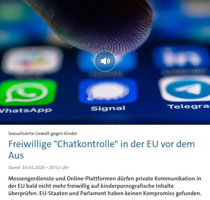 Das Thema Chatkontrolle hat sich in der EU vorerst erledigt. Das seltsame Modell einer "freiwilligen" Kontrolle durch die Plattformen läuft am 3. April aus und man konnte sich nicht auf eine Verlängerung oder Neuregelung einigen.
Für den Datenschutz ist das erstmal eine gute