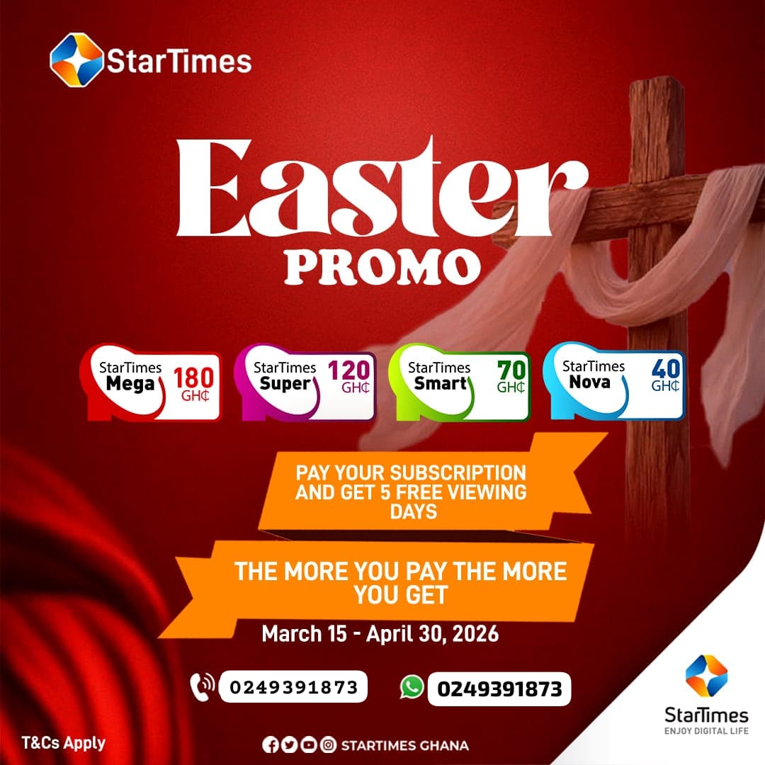 ChrisatSol59659's tweet photo. STARTIMES EASTER PROMO

It's simple: subscribe now and enjoy 5 days of free viewing; the more you subscribe, the more days you get. 

Promo runs from now to April 30. Don't miss out; subscribe now.
Call /Whatsapp 0249391873

#StarTimes #Ghana #Easter #promo https://t.co/armiE4ZDeA