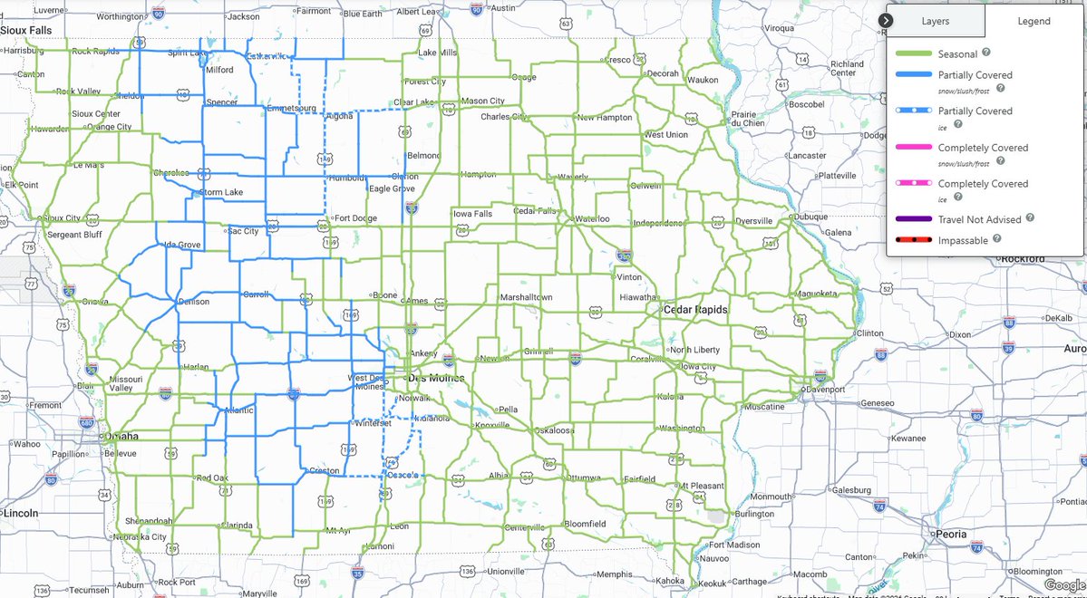 NWSDesMoines's tweet image. The band of snow has started to dissipate, but a freezing drizzle/mist has developed over parts of northern and central Iowa behind it. This is leading to roads becoming partially covered with ice, according to @iowadot. 

⚠️ Be cautious of slick roads this evening!