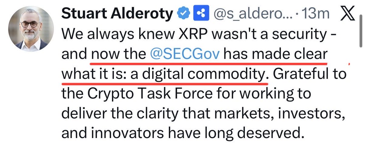 _Crypto_Barbie's tweet photo. ⚠️ BREAKING:

Ripple CLO Stuart Alderoty says:

„The SEC has made clear what it (XRP) is: a digital commodity!“ 💎 https://t.co/HPOfIVx0wH