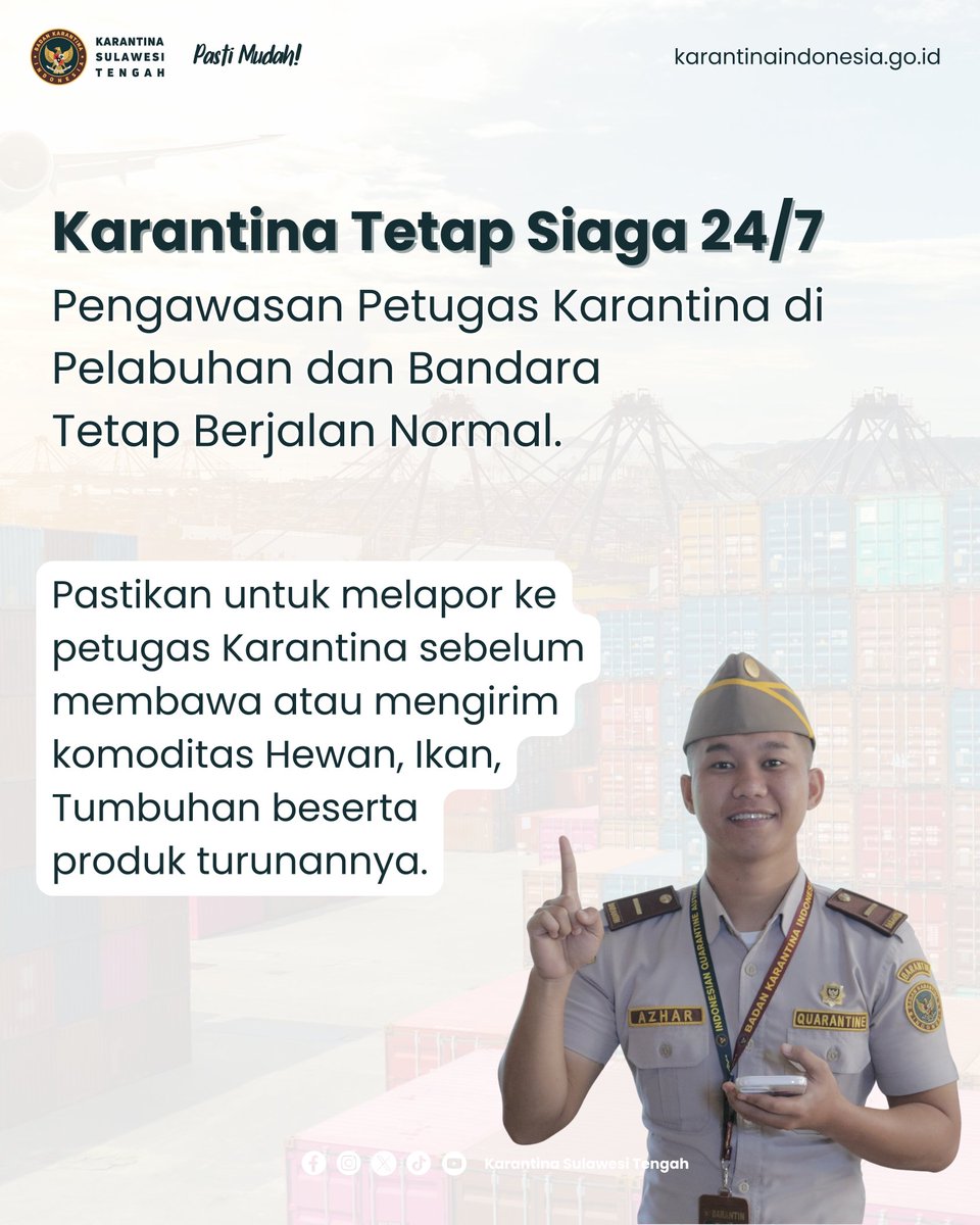 Informasi Layanan Karantina Selama Cuti Bersama, Libur Nyepi dan Idulfitri.

Layanan Karantina Sulawesi Tengah Tetap Buka. 
Karantina tetap siaga (24/7)
Pastikan untuk selalu melapor karantina sebelum melalulintaskan hewan, ikan, dan tumbuhan beserta produk turunannya.