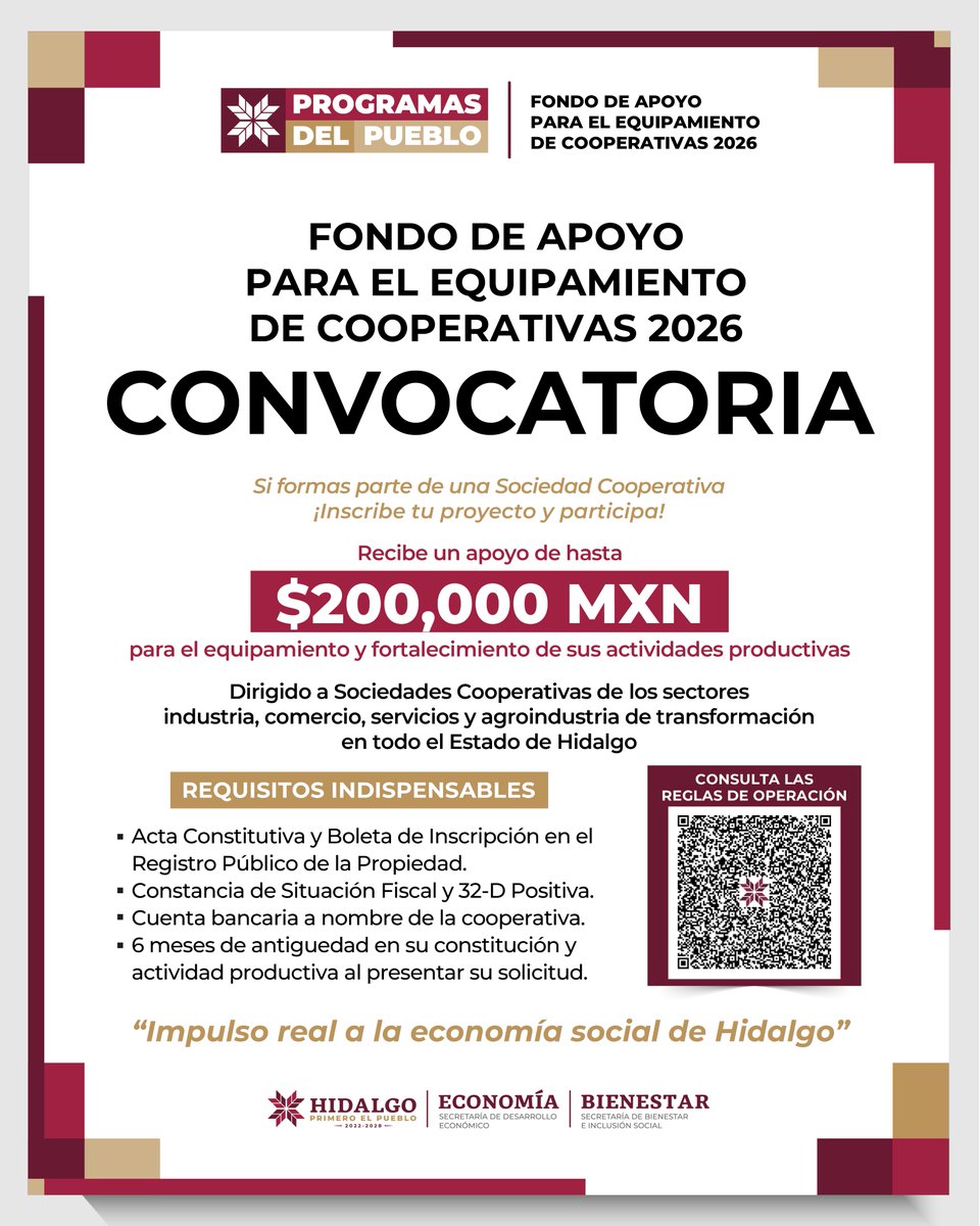 Sedeco_Hgo's tweet photo. El gobierno del estado, a través de la SEDECO, invita a las Sociedades Cooperativas a participar en la convocatoria del Fondo de Apoyo para el Equipamiento de Cooperativas.
¡Prepara tu expediente!
Informes:
📧 economia.social@hidalgo.gob.mx
📞 771 688 6021 ext. 180 y 245 https://t.co/B3StPomUx7