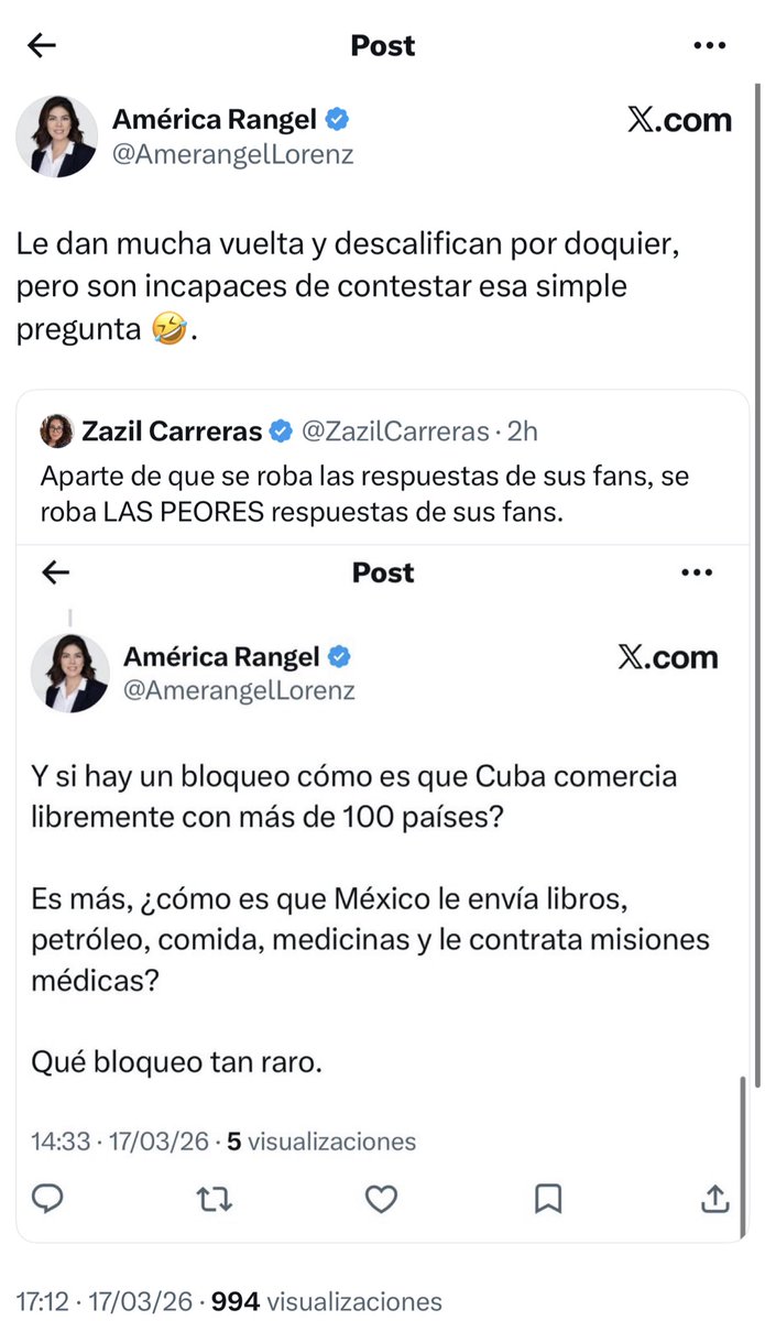 ZazilCarreras's tweet photo. Vamos a responderle para que deje de llorar, aunque no vaya a entender. 

América piensa que los países participan en el mercado internacional como cuando ella va a comprar su crema Pond’s a Walmart, pero no es así, Cuba no le habla a España y le dice: carnal, véndeme unos jamones serranos y se los mandan. No. 

Para empezar, hay que distinguir que el bloqueo impuesto a Cuba es de tipo económico, financiero y comercial, cosa que la diputada claramente desconoce. Este bloqueo ha buscado dos cosas: asfixia económica y aislamiento político, el cual afortunadamente no ha logrado. 

El bloqueo le impide a Cuba usar el dólar como moneda y por ende no puede acceder a transacciones con países que empleen este tipo de moneda, ni puede acceder a créditos de entes como el Banco Mundial o el BID. En materia de salud, Cuba no puede acceder a medicamentos, aparatos o tecnologías que sean trasladadas a través de terceros que las compren o trasladen de EEUU a otros países, lo que incluye componentes médicos, tecnologías o servicios. 

Pero además también hay un factor histórico: en 1959, el 70% de las exportaciones cubanas se hacían a Estados Unidos, con un 73% de importaciones. Cuando el bloqueo se pone en marcha, eso supone más de la mitad del comercio de la isla, comercio que desapareció. 

¿Por qué ahora el bloqueo causa taaaantos estragos? Porque en los primeros años, el bloque de la URSS subsidiaba al país, pero con su colapso dicho subsidio desapareció, y también desaparecieron más del 80% de las relaciones comerciales de Cuba. 

Ahora, esto no implica que Cuba no se pueda relacionar con otros países, lo que América no entiende es que el principal productor de la región es Estados Unidos, y que cualquier producto que Cuba quiera adquirir puede comprarlo a otros países y mercados pero con costos de adquisición altos —para compensar la falta de uso del dólar—, además de gastos de traslado que incrementan los costos. 

La contraparte: EEUU aplica sanciones a los países que se relacionan con Cuba. 

El impacto del bloqueo se da en exportaciones, servicios, pérdidas por reubicación del comercio, afectaciones a la producción y los servicios, a lo que se suma un embargo tecnológico. 

No hay una sola persona en Cuba que no tenga impactos financieros a causa del bloqueo, pero fue más sencillo derrocar a la URSS que a un pueblo digno que desde hace años ha decidido que su camino es la resistencia.
