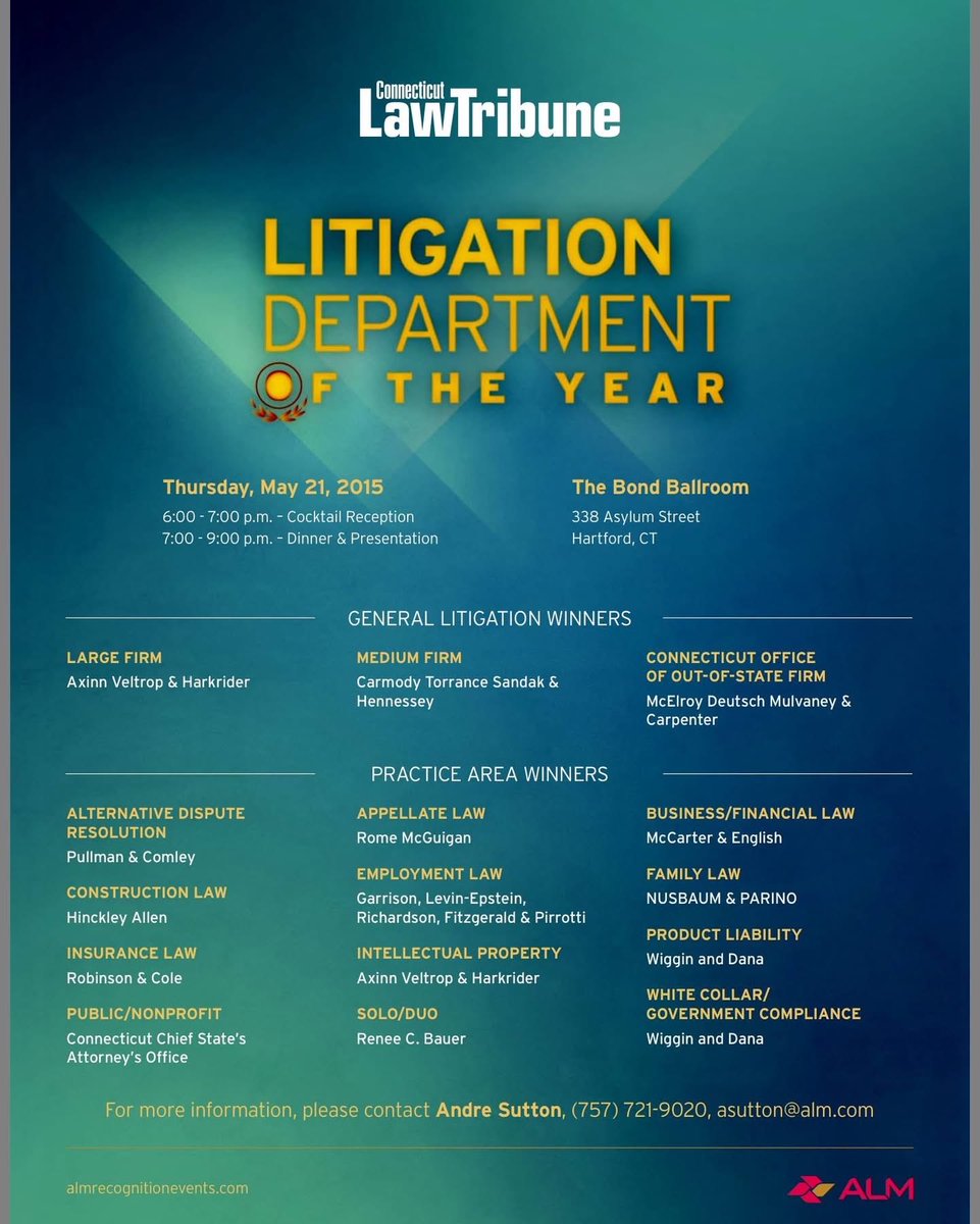 Proloy's tweet photo. 11 years ago my appellate department at Rome McGuigan was named the best in the state by the Connecticut Law Tribune. I’ve since had this amazing recognition 9 out of 11 years with 3 law firms. I’ve loved this award because, unlike individual awards, it recognized my whole team. https://t.co/CvafH0NgIr