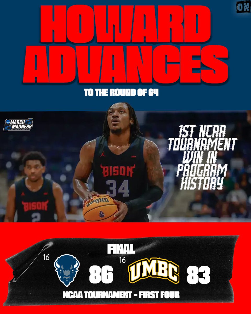 LightOnSports's tweet image. Howard is MOVING ON to the Round of 64! 🦬

The Bison defeat UMBC, 86-83, for their 1st NCAA Tournament win in program history. 📈

Ose Okojie: 23 PTS (3/3 3-PT), 5 REB
Bryce Harris: 19 PTS, 14 REB
Cedric Taylor III: 16 PTS, 6 REB

#HUYOUKNOW @HUMensBB