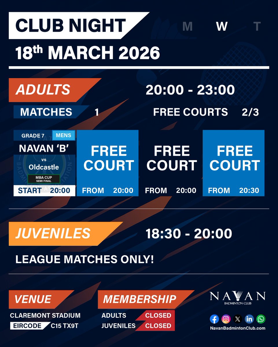 NavanBC's tweet photo. The tin whistles are now silent, but the shuttles are flying at #Wednesday #ClubNight at @ClaremontNavan. 1 Match!
G7M 'B' v #Oldcastle
2 COURTS from 8pm & Juvenile Club (League Only)
As any Irish mam would say, get yourself out of the house! #Navan #Meath #Badminton #Ireland https://t.co/I34ALF43ZH