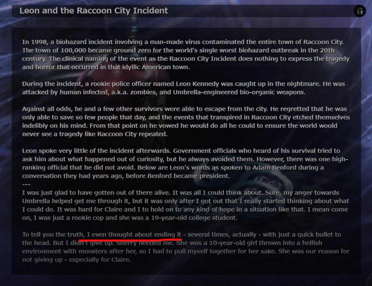 Dude there’s literally a document about how much he wanted to commit suicide in RE6 ??? 
I hate when people play the games without caring about the plot and then have the guts to state wrong shit on the internet