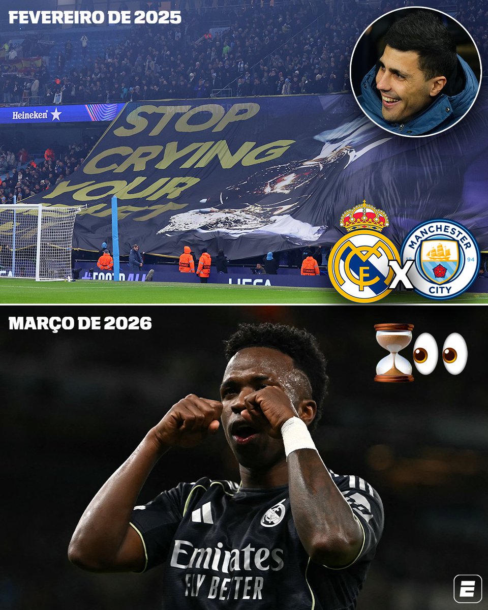 SportsCenterBR's tweet photo. VINI JR. NÃO ESQUECEU 👀 Um ano atrás, a torcida do Machester City resolveu provocar Vinicius Júnior. Na ocasião, ele havia perdido a Bola de Ouro pra Rodri e os torcedores fizeram uma faixa com a frase 'não chore tanto'. Eles só não esperavam que o brasileiro fosse guardar 2 gols e eliminar o time inglês da Champions League pouco mais de um ano depois dessa provocação 😲

#FutebolNaESPN #ViniJr #ManchesterCity #RealMadrid #ChampionsLeague