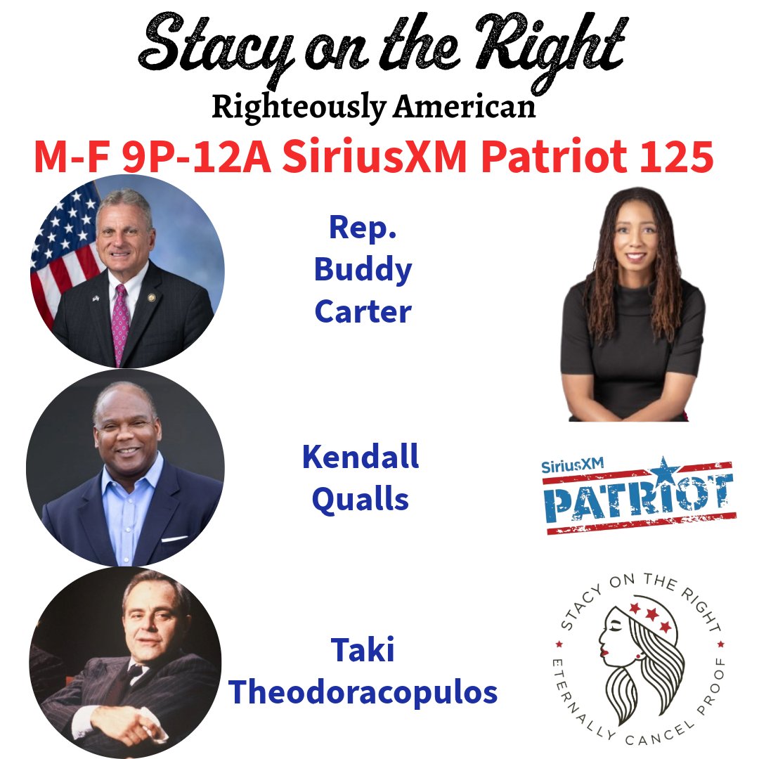 SiriusXMPatriot's tweet image. Tonight On @StacyOnTheRight 9pm-12am ET Tues 3/17

9:20pm @RepBuddyCarter 

10:00pm @KendallQuallsMN 

11:00pm @TakiTweets_

Tonight's Opening Verse: Psalm 5:11-12
Call In Now: 866-957-2874
sxm.app.link/Patriot sxm.app.link/StacyOnTheRight
#SOTR #RighteouslyAmerican
