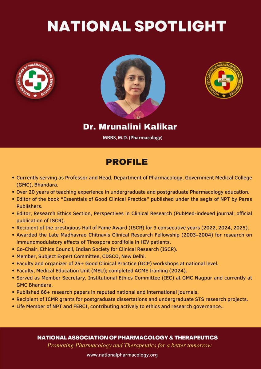 nationpharm's tweet photo. Congratulations!   Dr. Mrunalini Kalikar .  for being chosen Spotlight of the National Association of Pharmacology &amp; Therapeutics. We, pharmacologists of the nation, are proud of your achievements https://t.co/Q9ui6Y9VqK