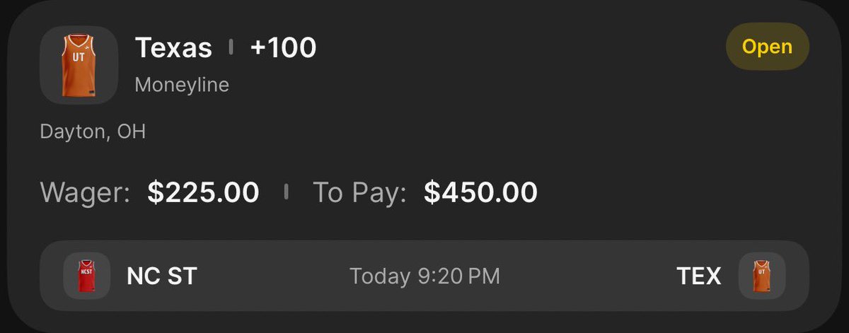 What a game to open the tournament!

Down 1.5u to start, but we’re right back to it. There’s only one way to go in this game.

Texas ML🤘🏻(2.25u)