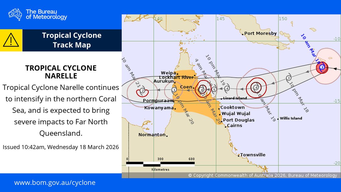 BOM_Qld's tweet photo. ๐ Tropical #CycloneNarelle is expected to bring severe impacts to #FarNorthQueensland.
Watch zone:
Central Peninsula and Northern Tropical Coast, including #PortDouglas, #LockhartRiver, and #Weipa.
Current: 10:42am EST Wed 18 March 2026
Latest Track: https://t.co/kz7crJQfHK https://t.co/pnRseAgt7S