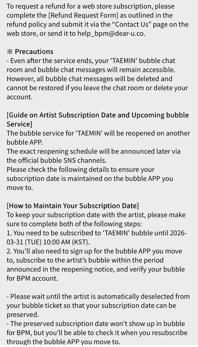 260318 Notice of the Termination and Reopening of 'TAEMIN' bubble Service
“[Termination Schedule]

• End of new subscription purchases: 2026-03-18 (WED) 10:00 AM (KST)

The bubble service for 'TAEMIN' will be reopened on another bubble APP!!!!!! 

#TAEMIN #태민 #テミン