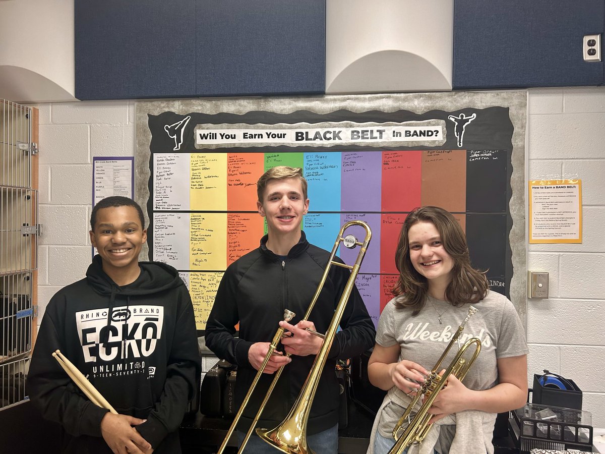 HBMSBand's tweet photo. Congrats to 8th graders Cameron, James, and Piper for passing all nine rounds of the band belt challenge and earning their BLACK BELT IN BAND! https://t.co/0g5PdZmOVT