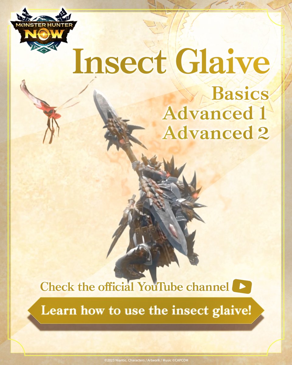 MH_Now_EN's tweet photo. Ready to master an additional weapon type? 🗡️

Learn how to use the #InsectGlaive 🌟

From basics to advanced tips, we’ll walk you through key techniques 👀

Watch the full video series and level up your insect glaive skills! 🐞

▼Playlist here▼
https://t.co/3VVAmj0QKN

#MHNow #monsterhunternow