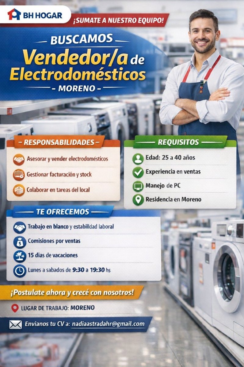 Estoy buscando vendedores para la zona de Moreno, interesados me pueden enviar CV al mail!
