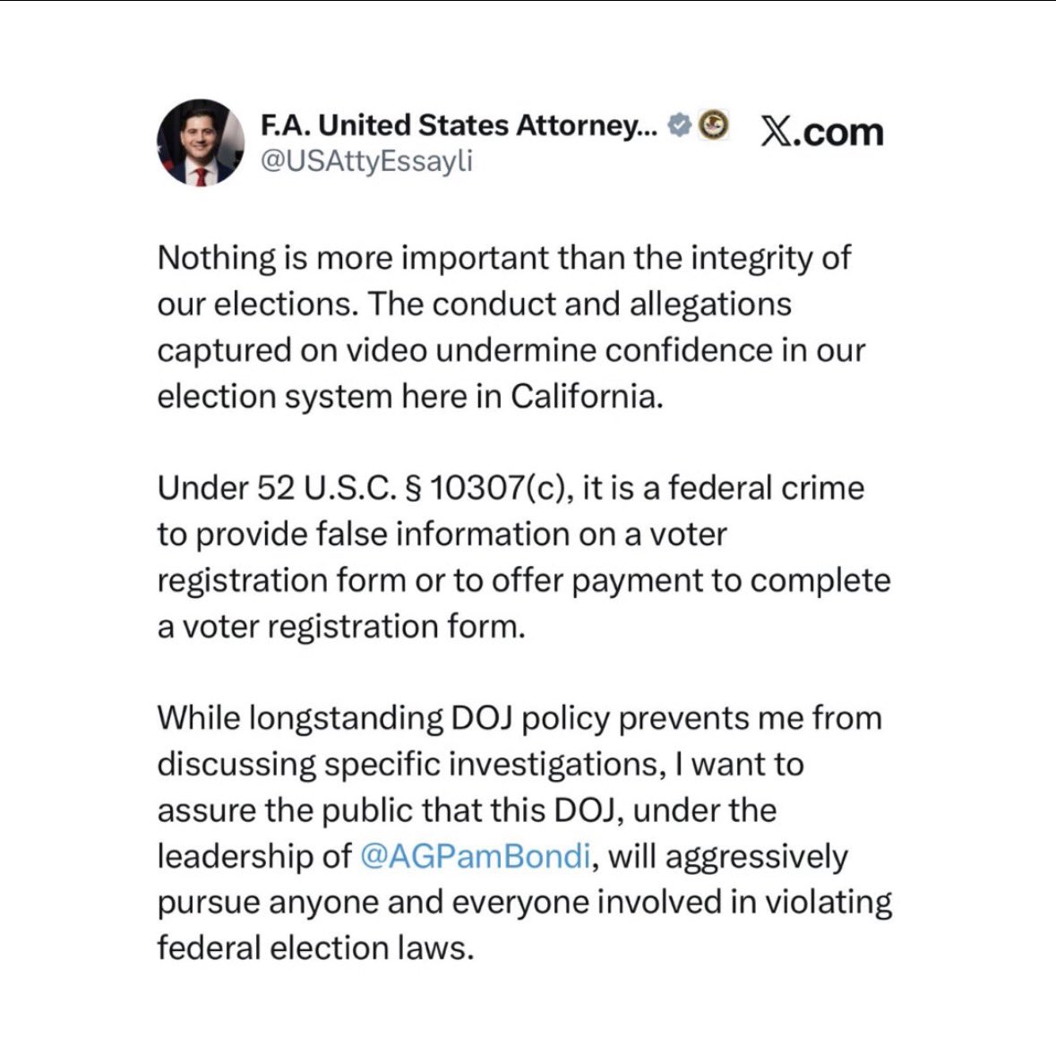 🚨BREAKING: Top federal prosecutor for Los Angeles Bill Essayli says he will “aggressively pursue anyone involved in violating federal election laws” after James O’Keefe uncovered cash payments for voter registration and ballot signing.
