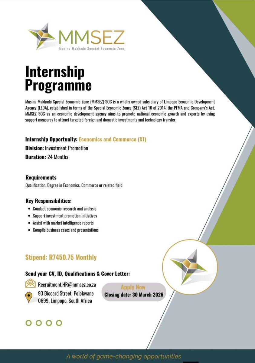 #Musina #Makhado Special Economic Zone #INTERNSHIP OPPORTUNITIES
#YouthEmploymentSA #limpopo #Polokwane