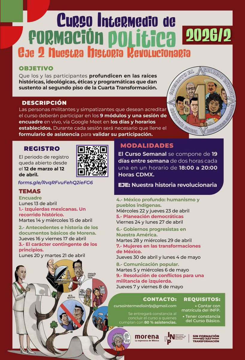 ✅ ¡Nueva convocatorio al Curso Intermedio de Formación Política - Eje 2 Nuestra historia revolucionaria!

Militantes y simpatizantes de la Cuarta Transformación, ya está disponible la nueva convocatoria del eje 2 de nuestro Curso Intermedio de Formación Política con el tema