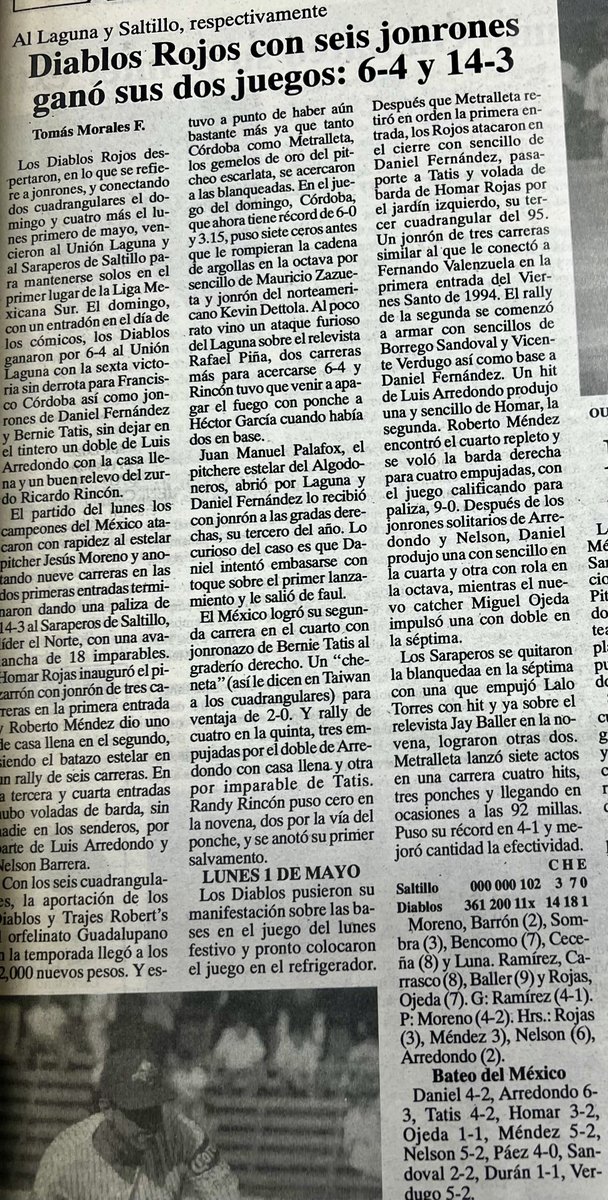 Miguel Ojeda conectó su primer hit con los ⁦<a href="/DiablosRojosMX/">DiablosRojosMX</a>⁩ el 1 de mayo de 1995 en un triunfo sobre los Saraperos de Saltillo en el Parque del Seguro Social. 
El estreno de ⁦<a href="/MiguelOjedaS/">Miguel Ojeda</a>⁩ fue en la séptima entrada ante los lanzamientos de Omar Bencomo.