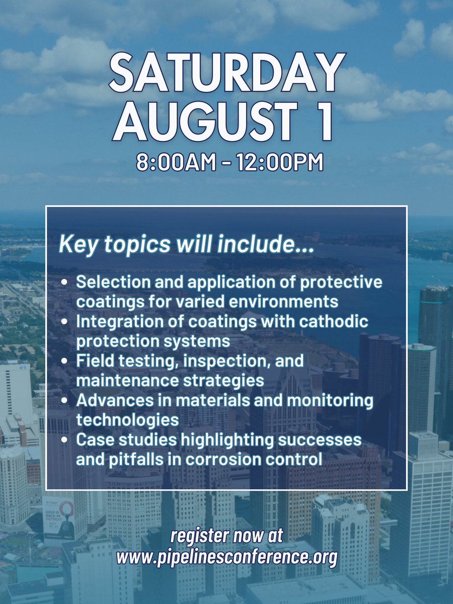 uesi_asce's tweet image. Join us for the Pipelines 2026 Pre-Conference Workshops!

Check out the key topics for the workshop on "Cathodic Protection and Coatings: Best Practices for Extending Pipeline Service Life and Performance"

#PipelinesConference #Pipelines2026 #UESI #CivilEngineers #Detroit