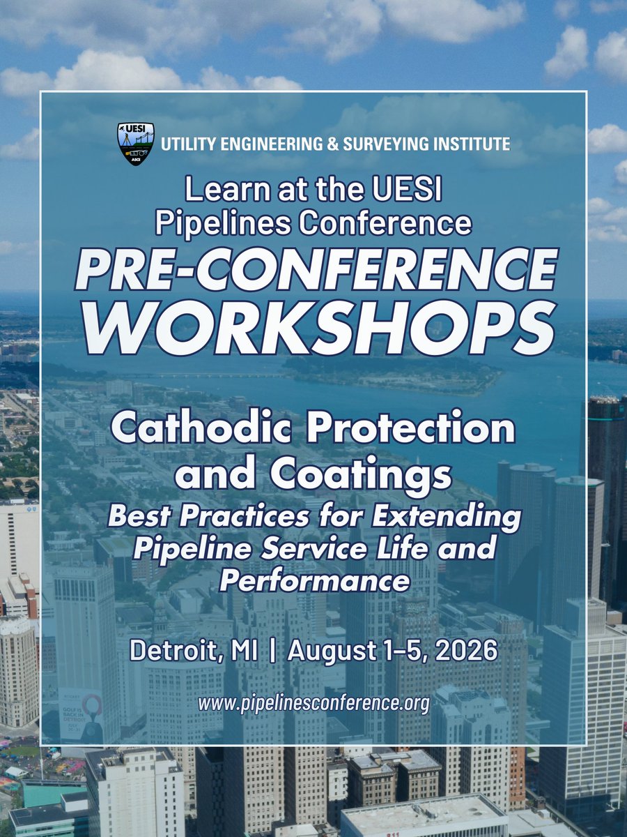 uesi_asce's tweet image. Join us for the Pipelines 2026 Pre-Conference Workshops!

Check out the key topics for the workshop on "Cathodic Protection and Coatings: Best Practices for Extending Pipeline Service Life and Performance"

#PipelinesConference #Pipelines2026 #UESI #CivilEngineers #Detroit